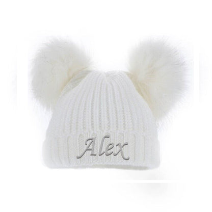 PERSONALISED BABY POM POM HAT KNITTED WINTER WHITE PINK BLUE GREY GIFT NB 0-12m