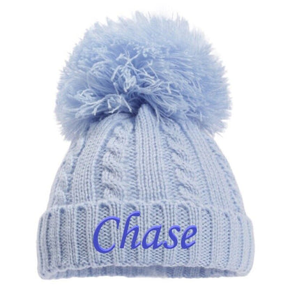 PERSONALISED BABY SINGLE POM POM HAT KNITTED WINTER WHITE PINK BLUE GREY NEWBORN