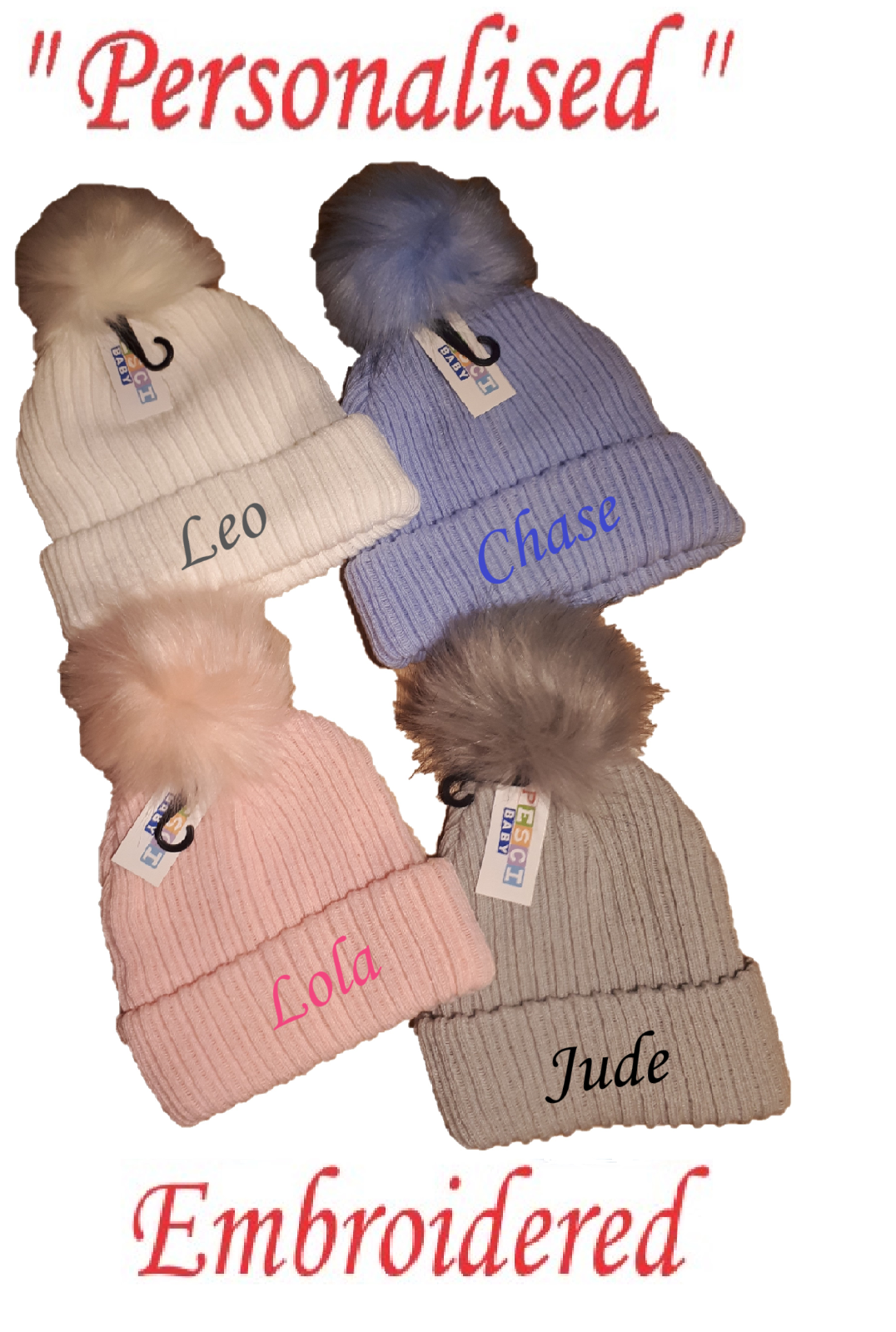 PERSONALISED BABY FUR pom pom HAT KNITTED WINTER WHITE PINK BLUE GREY 6-18months