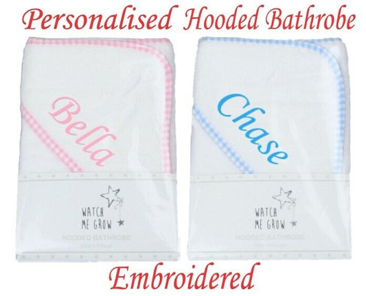 PERSONALISED BABY HOODED TOWEL ROBE GIFT SWIMMING  BOY GIRL PINK BLUE WHITE 