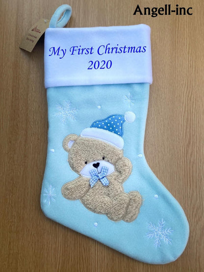 Personalised TEDDY Christmas BABY Stocking PINK BLUE EMBROIDERD XMAS SACK UK