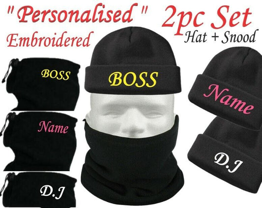 2pc Set PERSONALISED Name Beanie Hat + Snood Neck Warmer Scarf Tube Fleece Gift