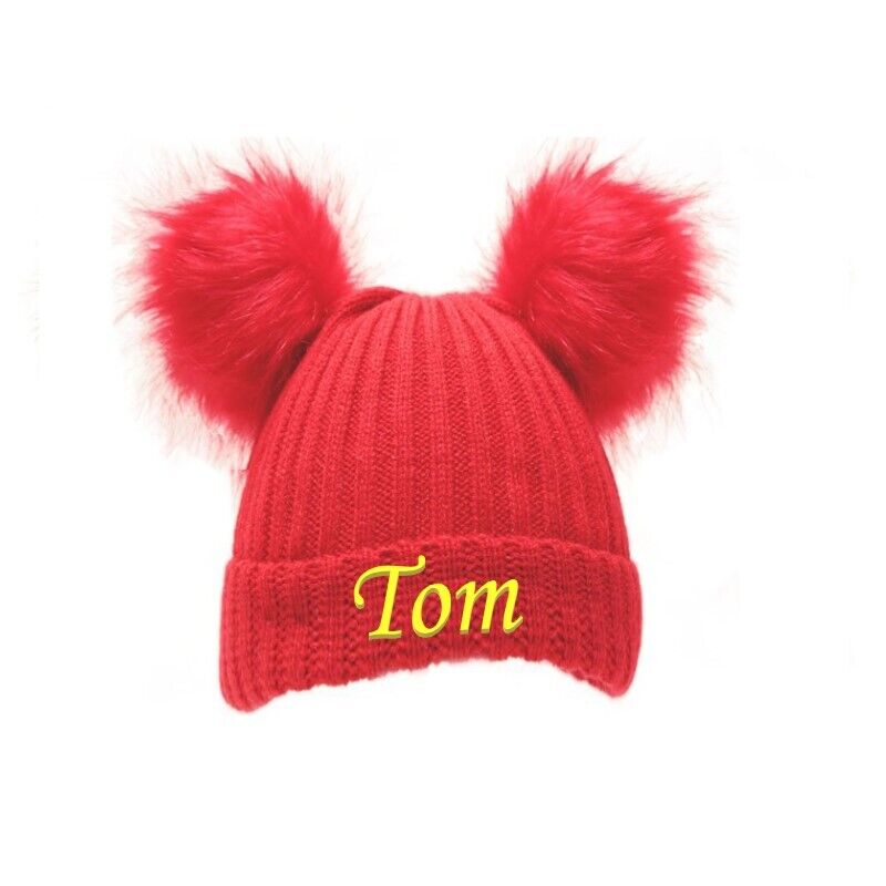 PERSONALISED BABY POM POM HAT KNITTED WINTER WHITE PINK BLUE GREY GIFT NB 0-12m