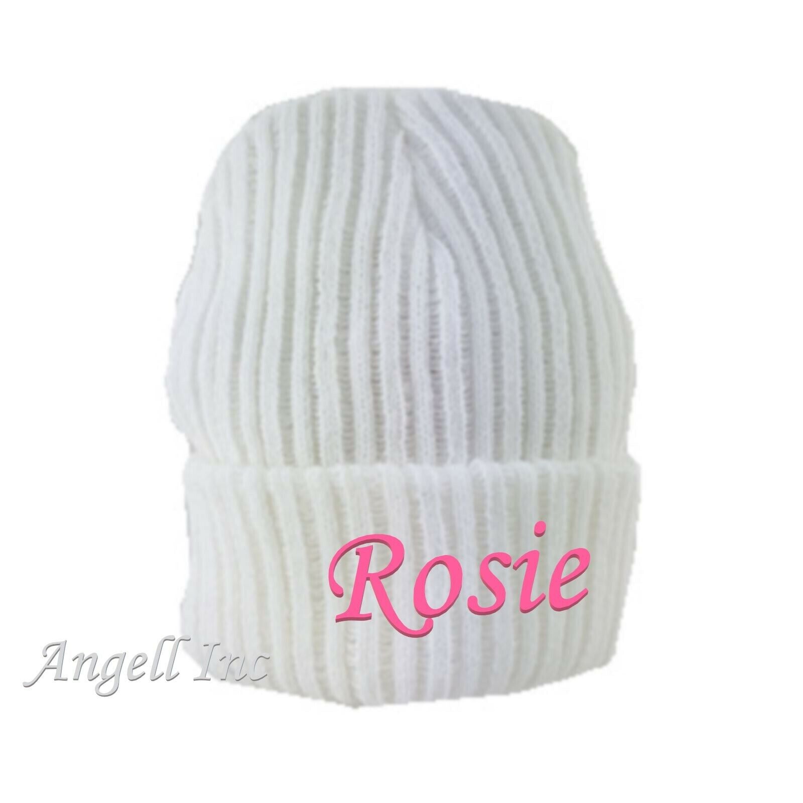 PERSONALISED BABY HAT POM POM  KNITTED WINTER WHITE PINK BLUE GIFT newborn 0-12m