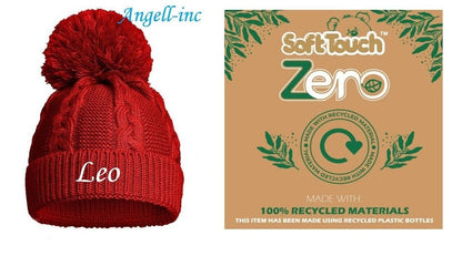 PERSONALISED BABY ECO SINGLE POM POM HAT KNITTED WINTER WHITE PINK BLUE GREY RED