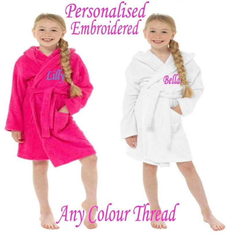 PERSONALISED Kids Girls Children SOFT TOWEL HOODED Dressing Gown Robe GIFT
