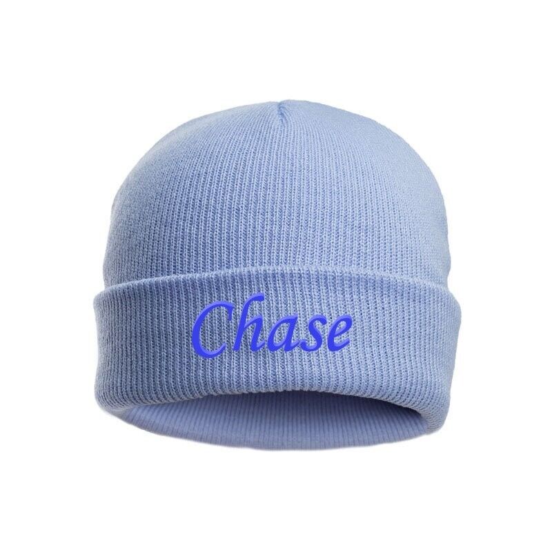 PERSONALISED BABY BEANIE HAT KNITTED WINTER WHITE PINK BLUE GREY NEWBORN (0-12m)