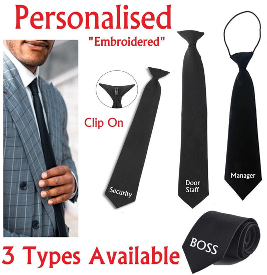 PERSONALISED Name Initials Black Clip On Tie Security Doorman Funeral Wedding