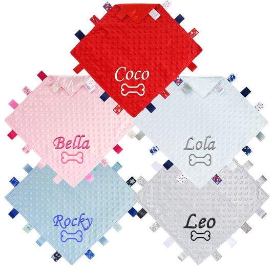 Personalised Pet Name Dog Blanket Puppy Scent comforter Taggy Toy Bed Training