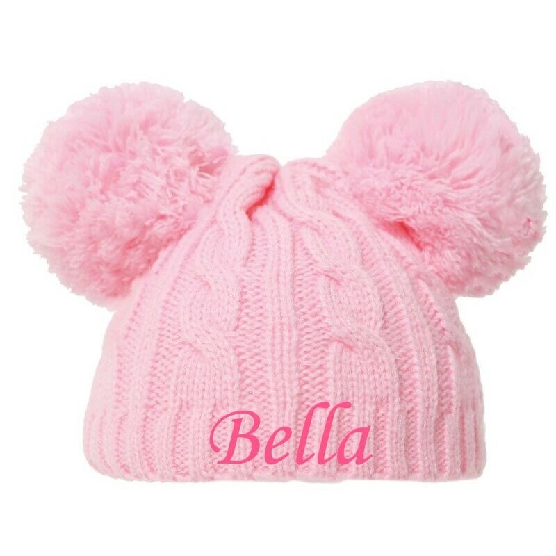 PERSONALISED BABY POM POM HAT KNITTED WINTER WHITE PINK BLUE GREY GIFT NEWBORN-6