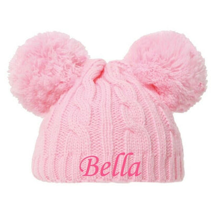 PERSONALISED BABY POM POM HAT KNITTED WINTER WHITE PINK BLUE GREY GIFT NEWBORN-6