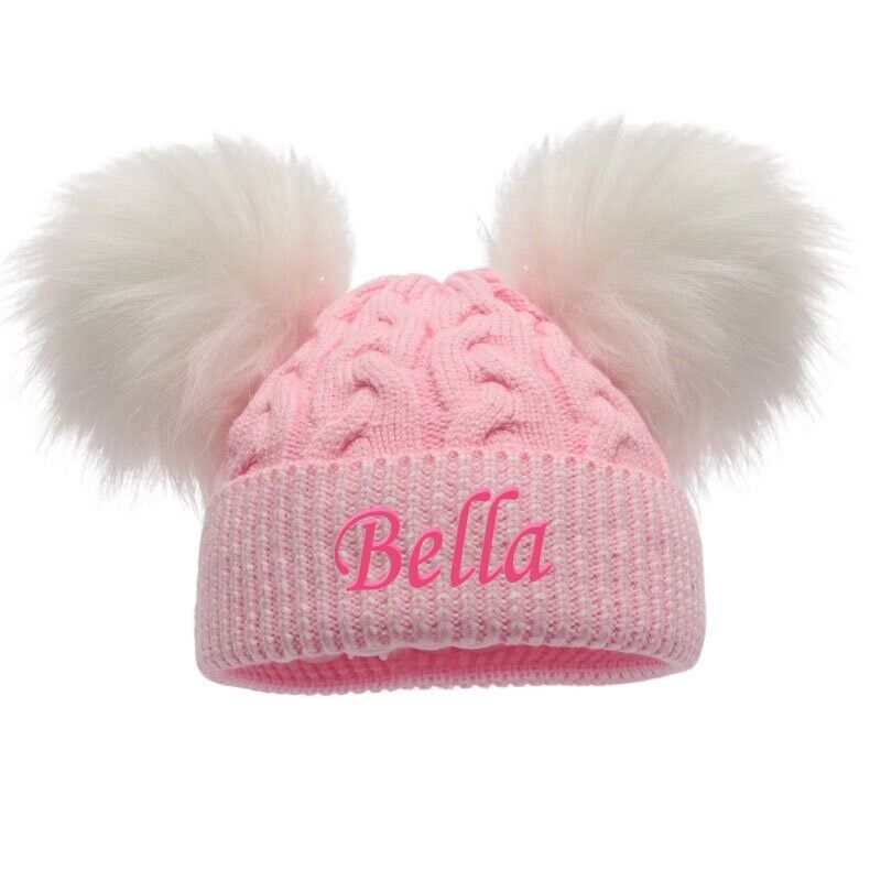 PERSONALISED BABY POM POM HAT KNITTED WINTER WHITE PINK BLUE GREY GIFT NB 0-12m