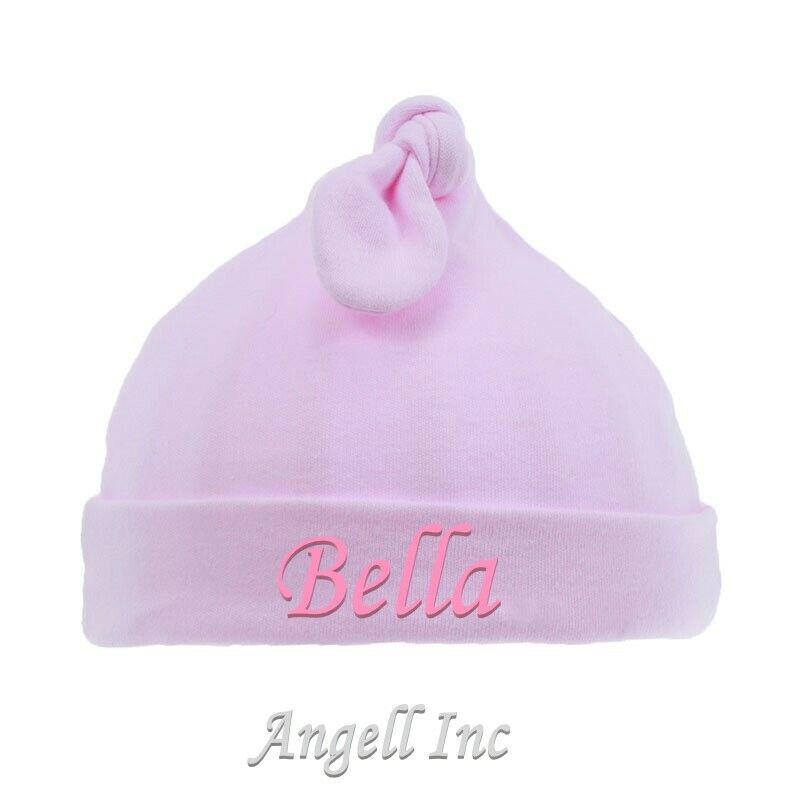 Personalised Baby newborn Hat Beanie Knot Cotton 0-6 Month Pink Blue White gift 
