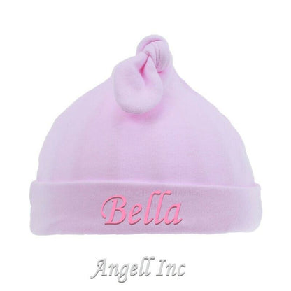 Personalised Baby newborn Hat Beanie Knot Cotton 0-6 Month Pink Blue White gift 