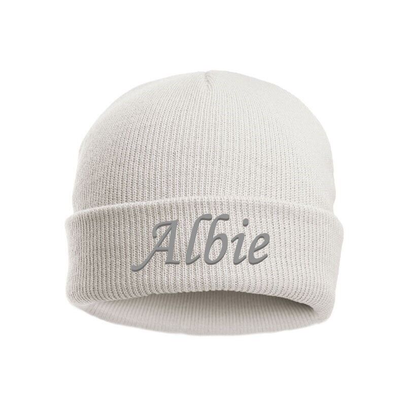 PERSONALISED BABY BEANIE HAT KNITTED WINTER WHITE PINK BLUE GREY NEWBORN (0-12m)