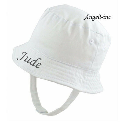 PERSONALISED BABY Bucket Hat Summer White Pink Blue Biscuit NEWBORN to 12 months