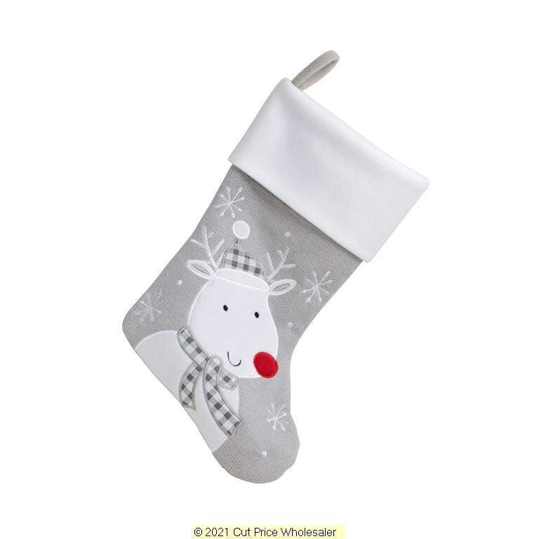 Gray Christmas stocking with reindeer design on a white background