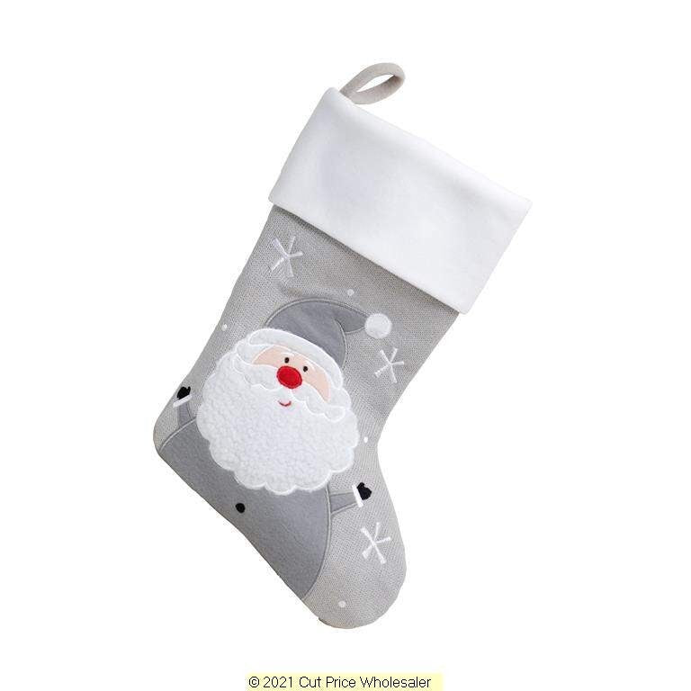 Gray Christmas stocking with Santa Claus face design on a white background