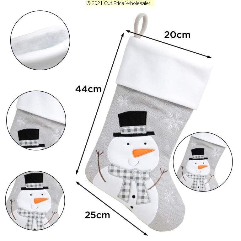 Christmas stocking with snowman design, measurements, and close-up details on a white background.