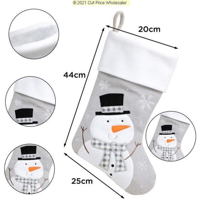Christmas stocking with snowman design, measurements, and close-up details on a white background.