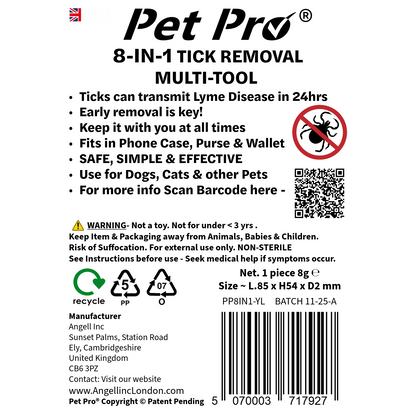 Pet Pro 8-IN-1 Tick Removal Multi-Tool packaging with text and branding.