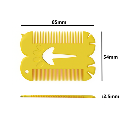 Yellow comb with measurements on a white background
