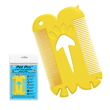 Yellow pet tick removal tool for dogs and cats with packaging on a white background