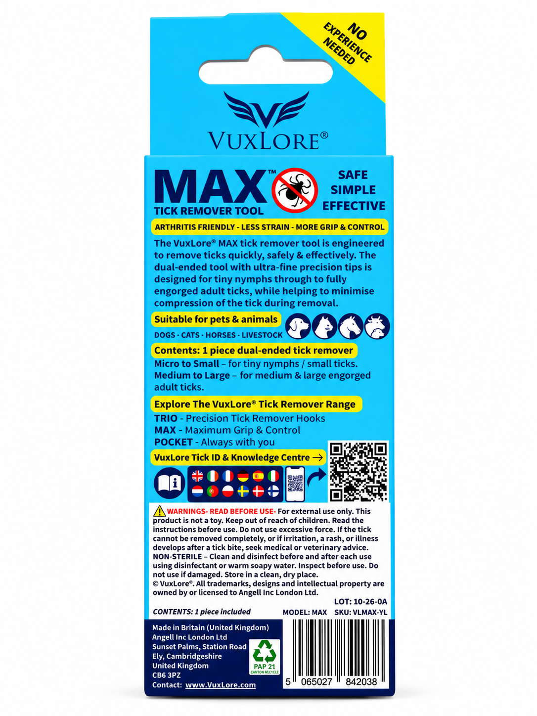 VuxLore MAX tick removal tool back packaging detailing the dual-ended tool for small to large ticks, arthritis friendly grip features, animal suitability and safety guidance.