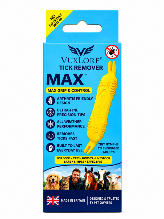 VuxLore MAX tick removal tool front packaging showing a yellow dual-ended tool with ridged grips and precision tips for dogs, cats, horses and livestock, made in Britain.