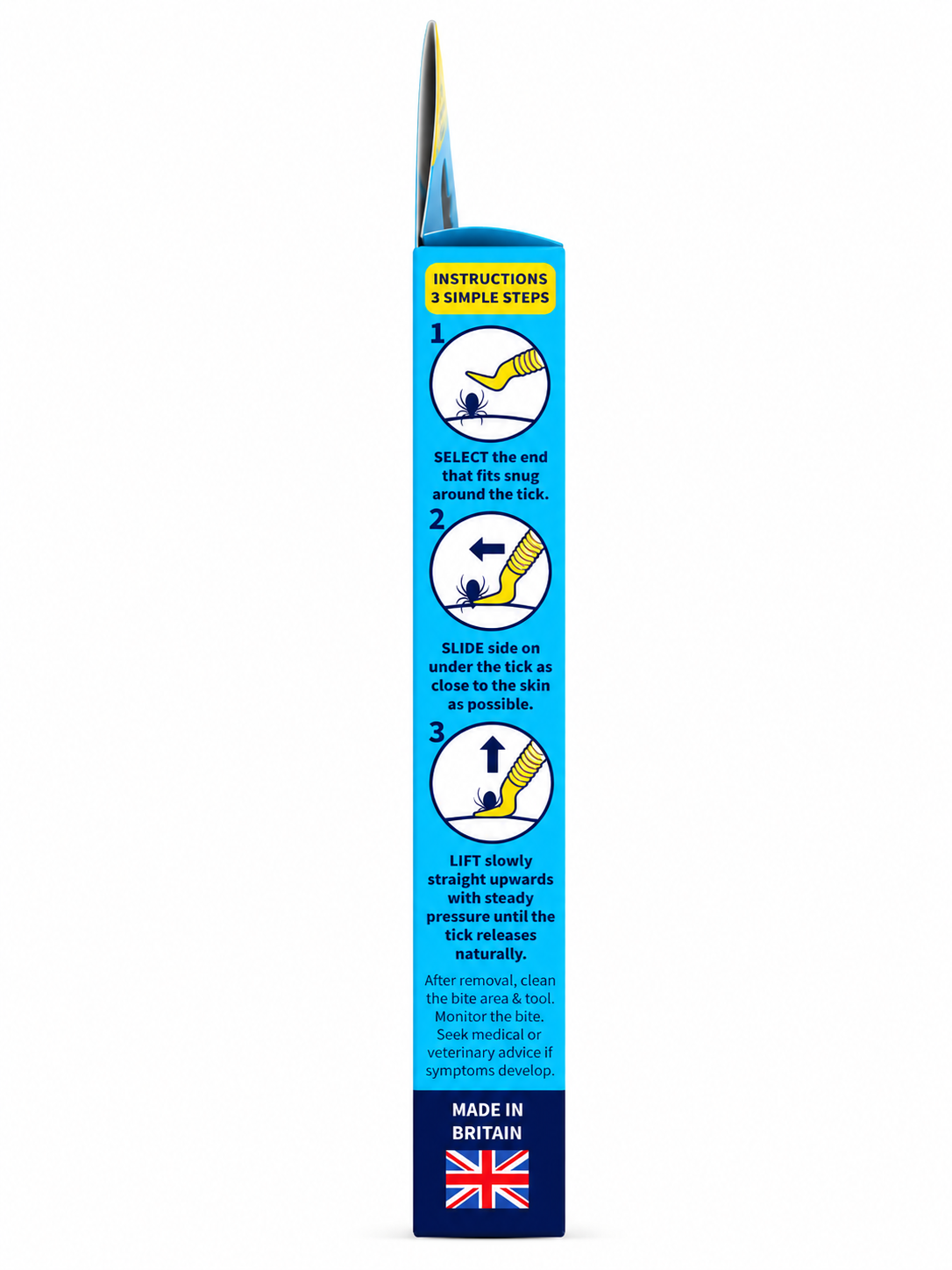 VuxLore MAX tick remover packaging showing how to remove ticks in three illustrated steps: select the snug-fitting end, slide under the tick and lift steadily upwards.
