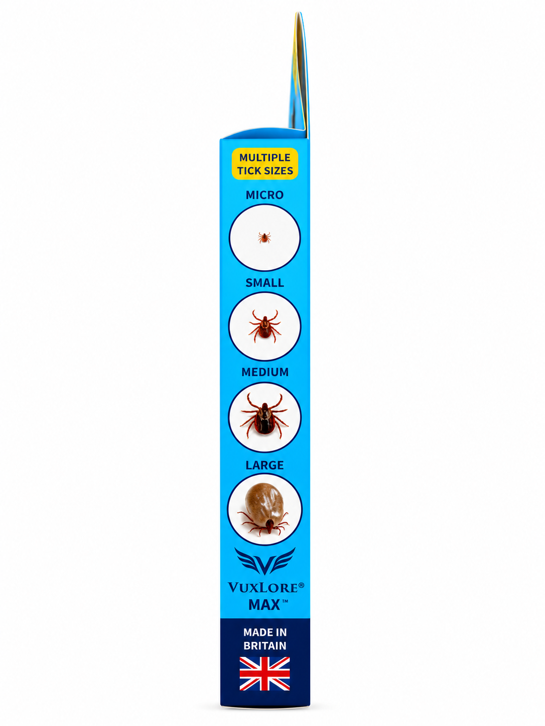 VuxLore MAX tick remover packaging side panel illustrating micro, small, medium and large tick sizes, including an engorged adult tick, with Made in Britain marking.