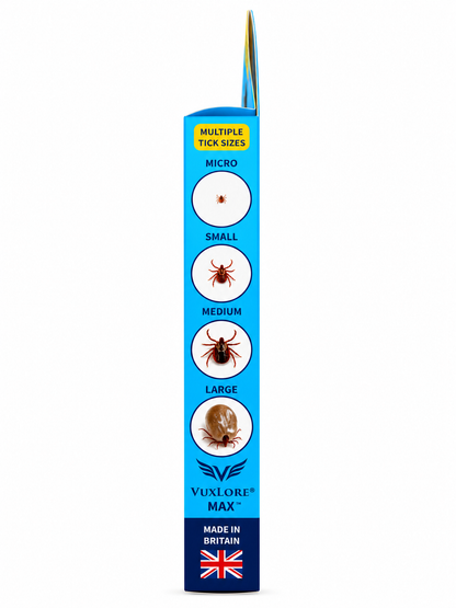 VuxLore MAX tick remover packaging side panel illustrating micro, small, medium and large tick sizes, including an engorged adult tick, with Made in Britain marking.