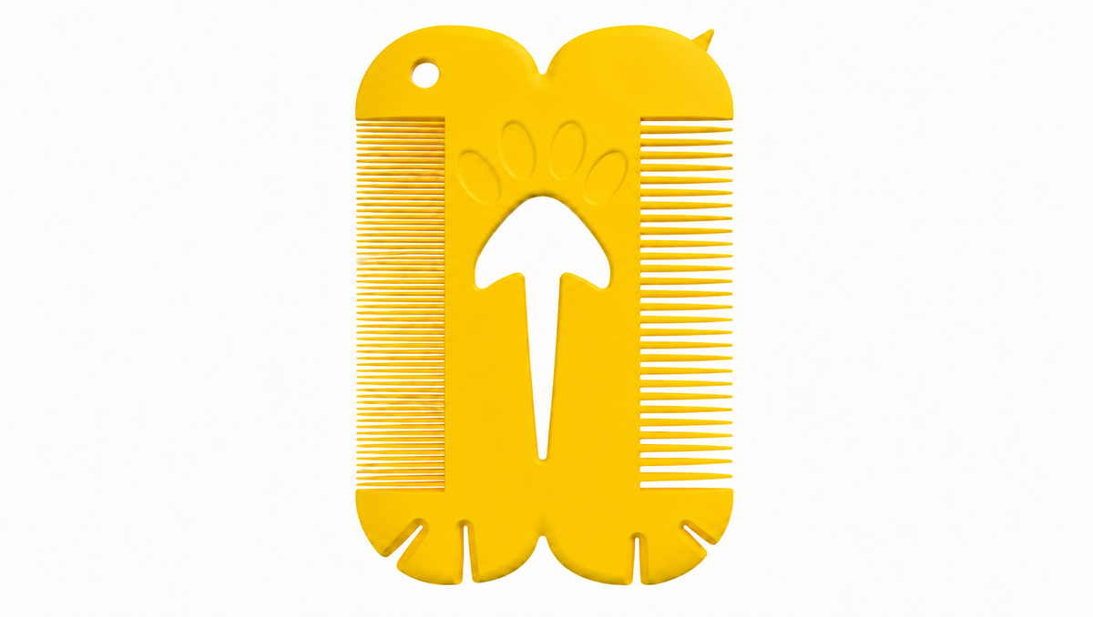 Yellow VuxLore POCKET tick remover card showing four tick removal slots, fine and wide comb teeth, a paw-shaped central opening and keyring hole.