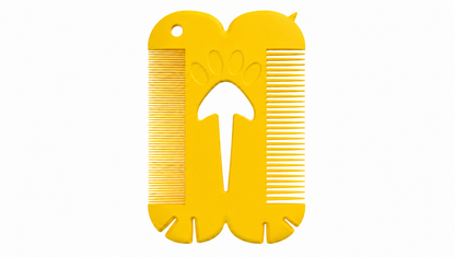 Yellow VuxLore POCKET tick remover card showing four tick removal slots, fine and wide comb teeth, a paw-shaped central opening and keyring hole.