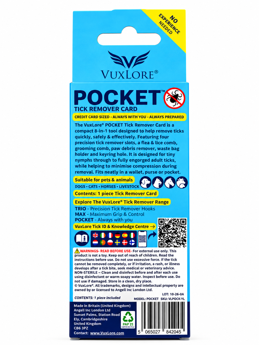 VuxLore POCKET tick remover card back packaging detailing its credit card size, four tick removal slots, grooming features and safety guidance.