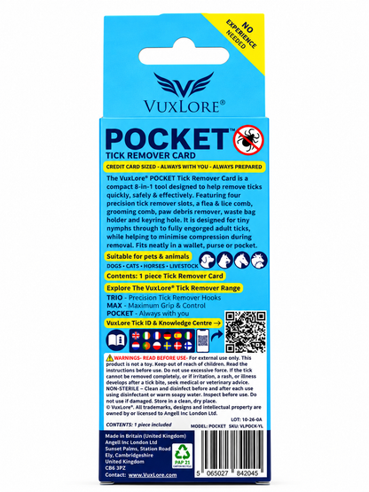 VuxLore POCKET tick remover card back packaging detailing its credit card size, four tick removal slots, grooming features and safety guidance.