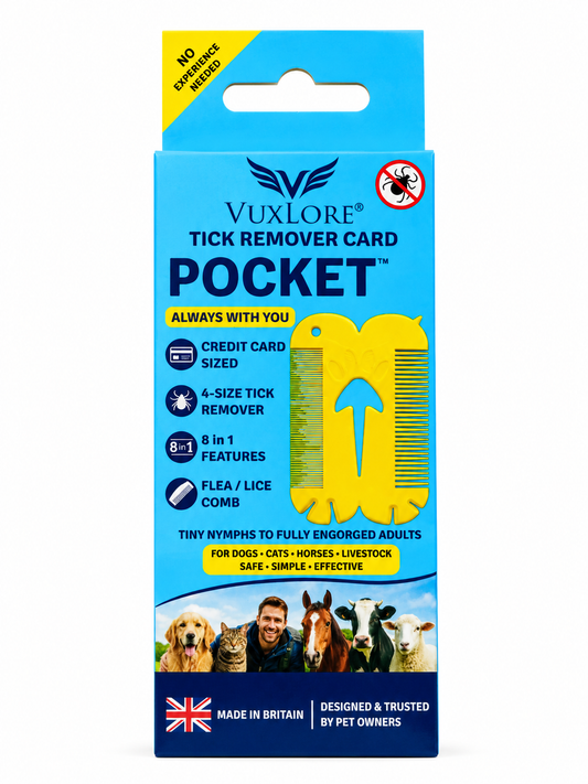 VuxLore POCKET tick remover card front packaging showing the yellow 8-in-1 tool with four tick removal slots and flea and lice comb, made in Britain.