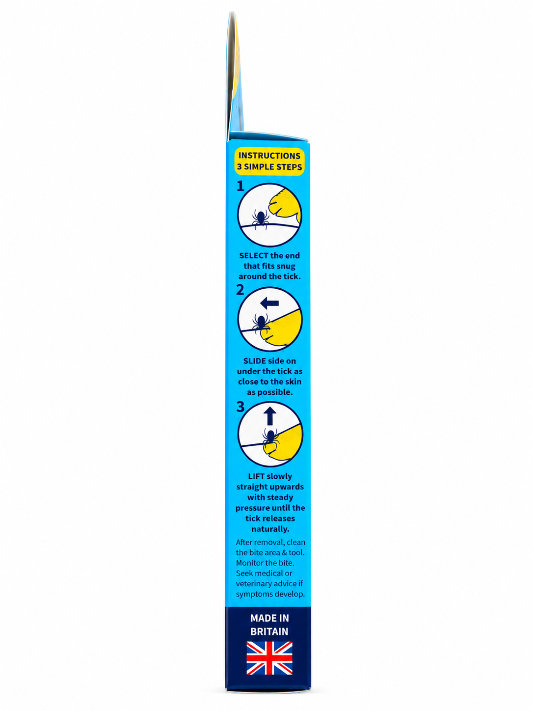 VuxLore POCKET tick remover card packaging showing how to remove ticks in three illustrated steps: select a snug-fitting slot, slide under the tick and lift steadily upwards.