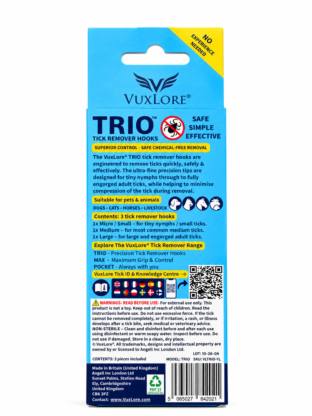 VuxLore TRIO tick remover hooks back packaging detailing three hook sizes for removing ticks from dogs, cats, horses and livestock, with product information and safety guidance.