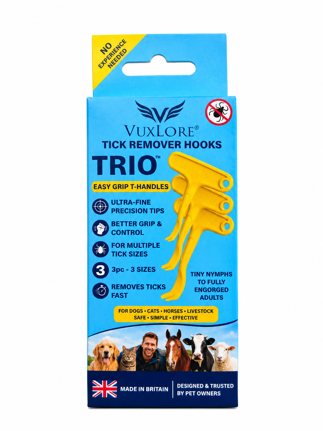 VuxLore TRIO tick remover hooks front packaging showing three sizes with easy-grip T-handles for dogs, cats, horses and livestock, made in Britain.