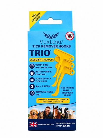 VuxLore TRIO tick remover hooks front packaging showing three sizes with easy-grip T-handles for dogs, cats, horses and livestock, made in Britain.