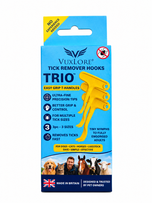 VuxLore TRIO tick remover hooks front packaging showing three sizes with easy-grip T-handles for dogs, cats, horses and livestock, made in Britain.
