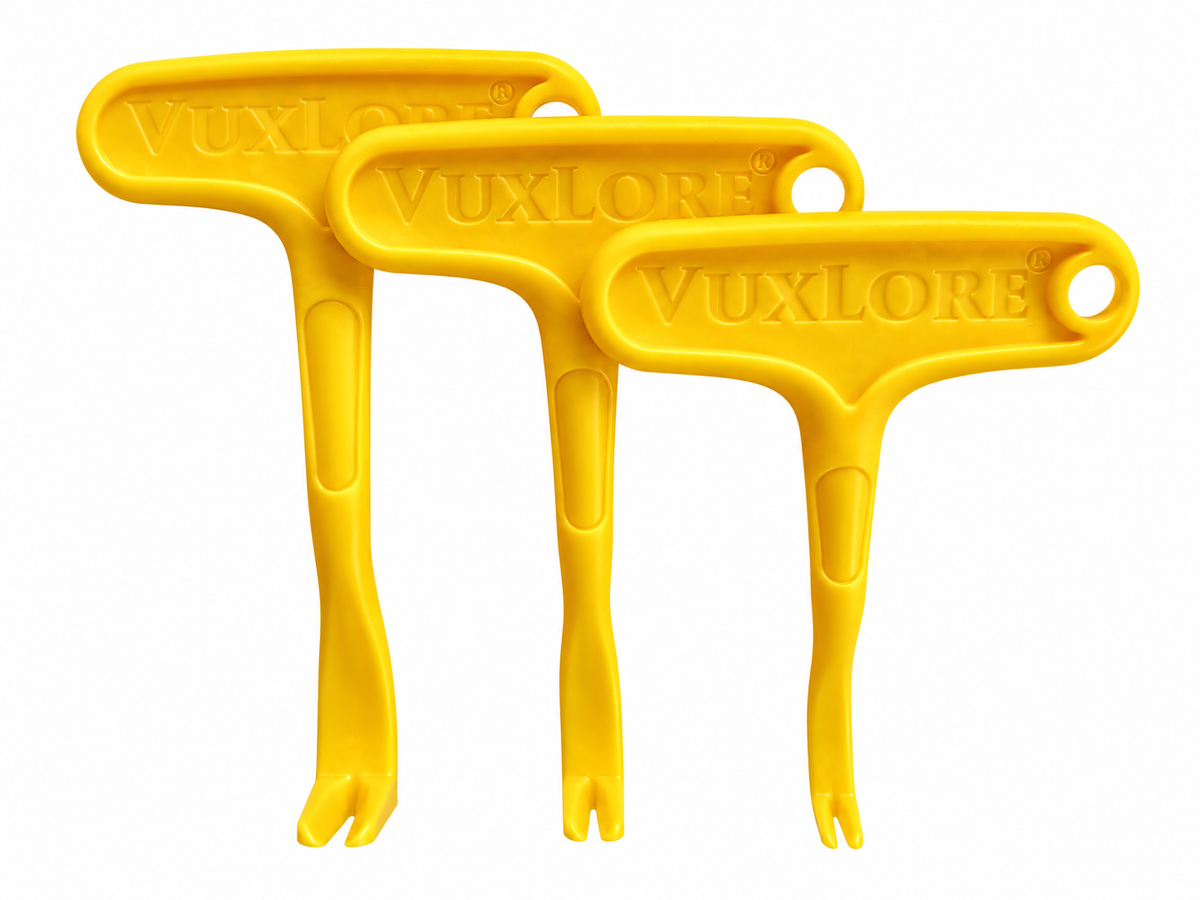 VuxLore TRIO set of three yellow tick removal hooks, showing different-sized forked tips, curved stems and easy-grip handles.