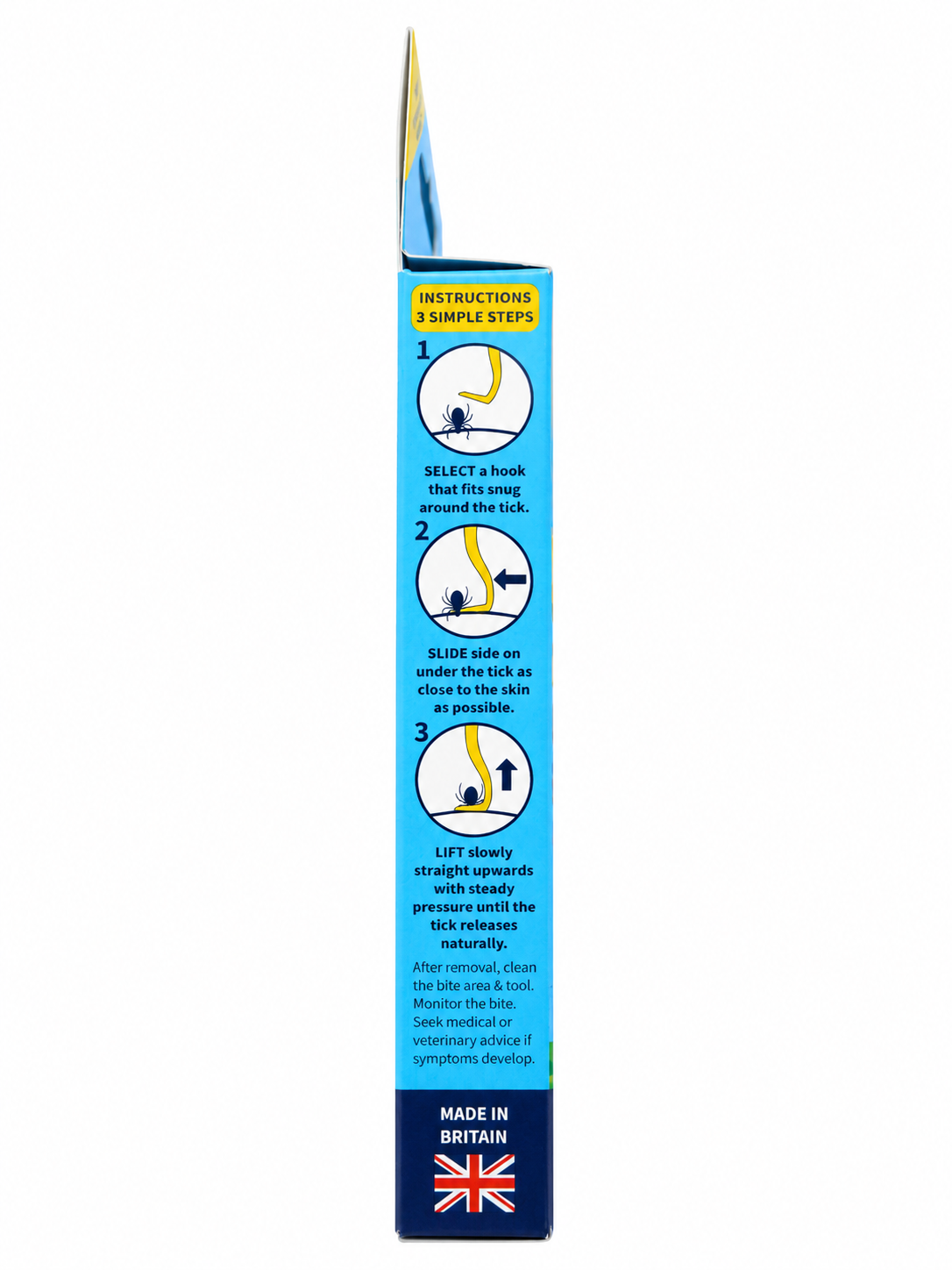 VuxLore TRIO tick removal hooks packaging showing how to remove ticks in three steps: select a snug-fitting hook, slide under the tick and lift steadily.