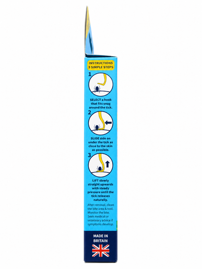 VuxLore TRIO tick removal hooks packaging showing how to remove ticks in three steps: select a snug-fitting hook, slide under the tick and lift steadily.