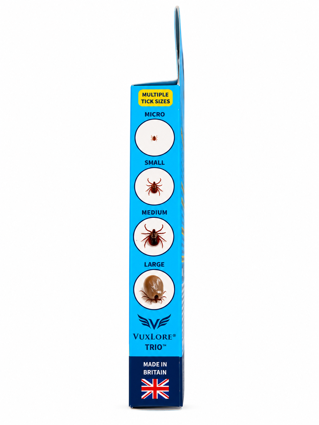 VuxLore TRIO tick removal hooks packaging with illustrated micro, small, medium and large tick sizes and Made in Britain marking.