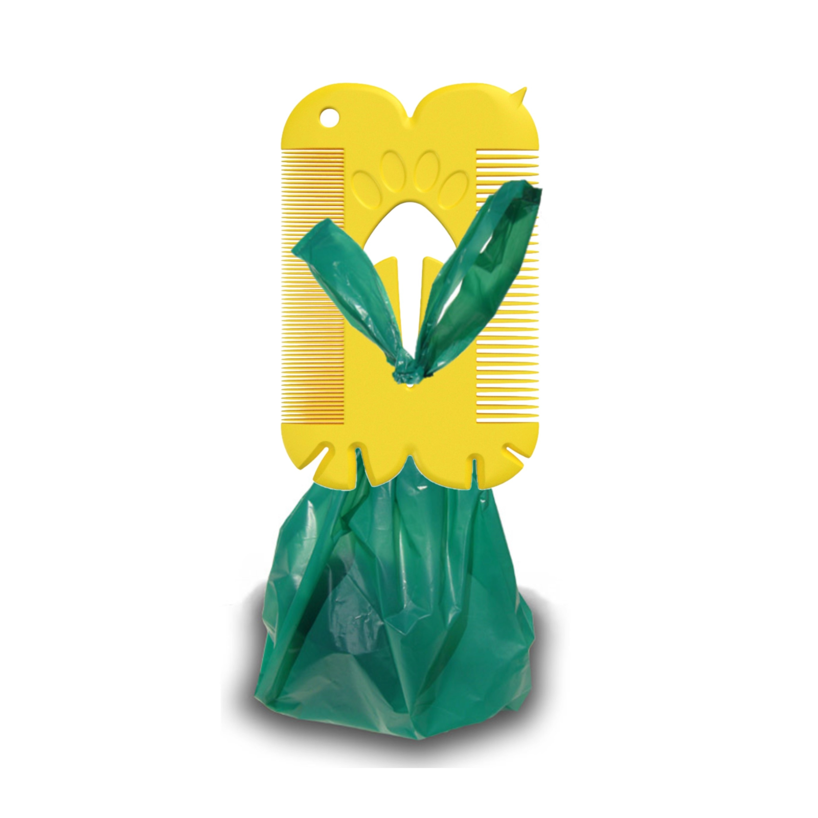 Green plastic bag with yellow handle on a white background