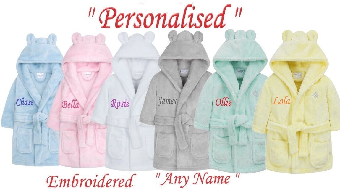 Personalised baby robe with embroidered crown and name