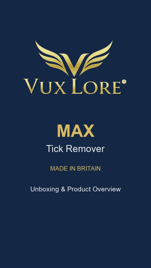 VuxLore MAX tick remover unboxing video showing the packaging and dual-ended tool, with close-up views of its ridged grips and precision tips.