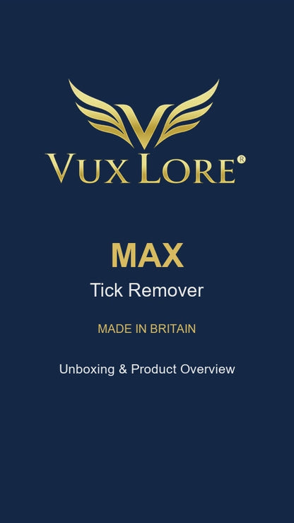 VuxLore MAX tick remover unboxing video showing the packaging and dual-ended tool, with close-up views of its ridged grips and precision tips.